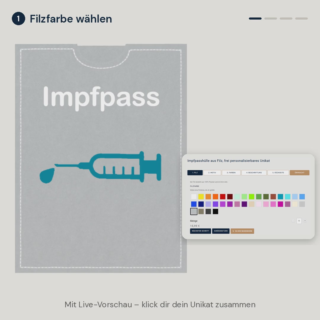 Konfigurator Impfpasshülle: Filzfarbe, Motiv, Garnfarben und Text wählen – mit Live-Vorschau