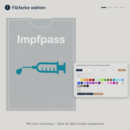 Konfigurator Impfpasshülle: Filzfarbe, Motiv, Garnfarben und Text wählen – mit Live-Vorschau