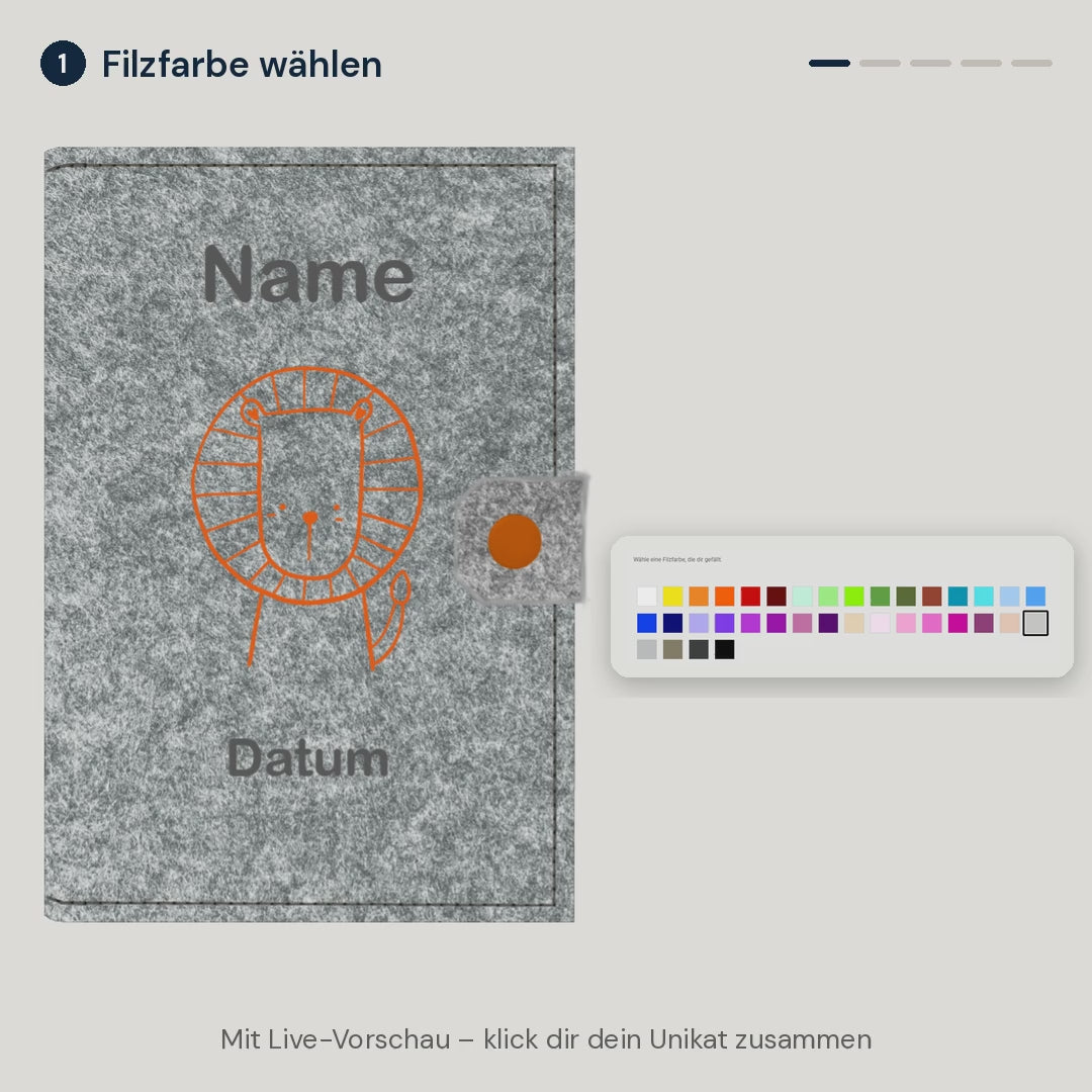 Konfigurator U-Heft-Hülle: Filzfarbe, Innenlasche mit Impfpassfach, Tiermotiv, Garnfarben, Name und Datum wählen – mit Live-Vorschau