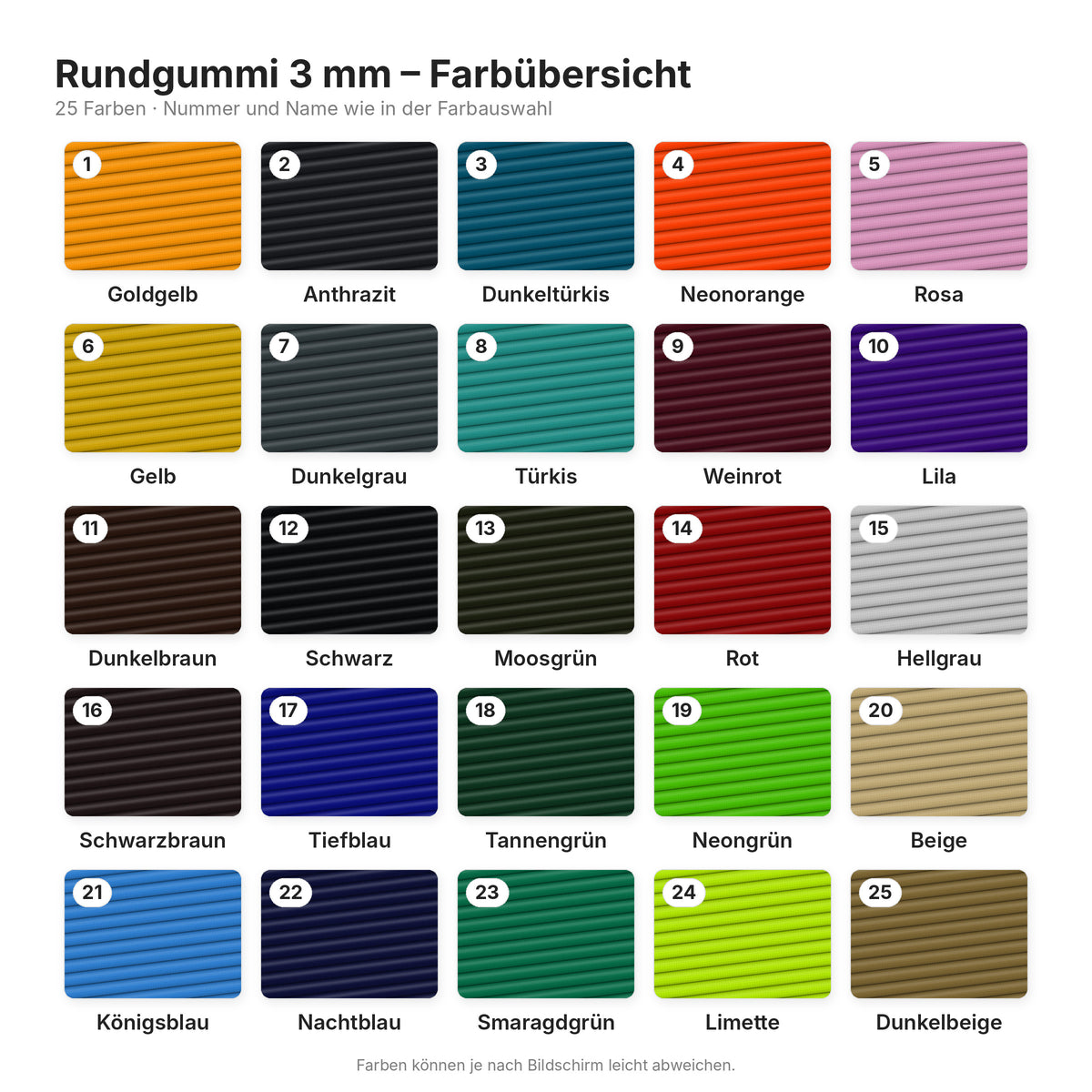 Rundgummi 3 mm – Farbübersicht mit Nummer und Name