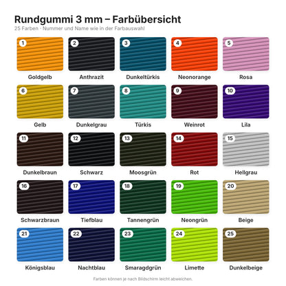 Rundgummi 3 mm – Farbübersicht mit Nummer und Name