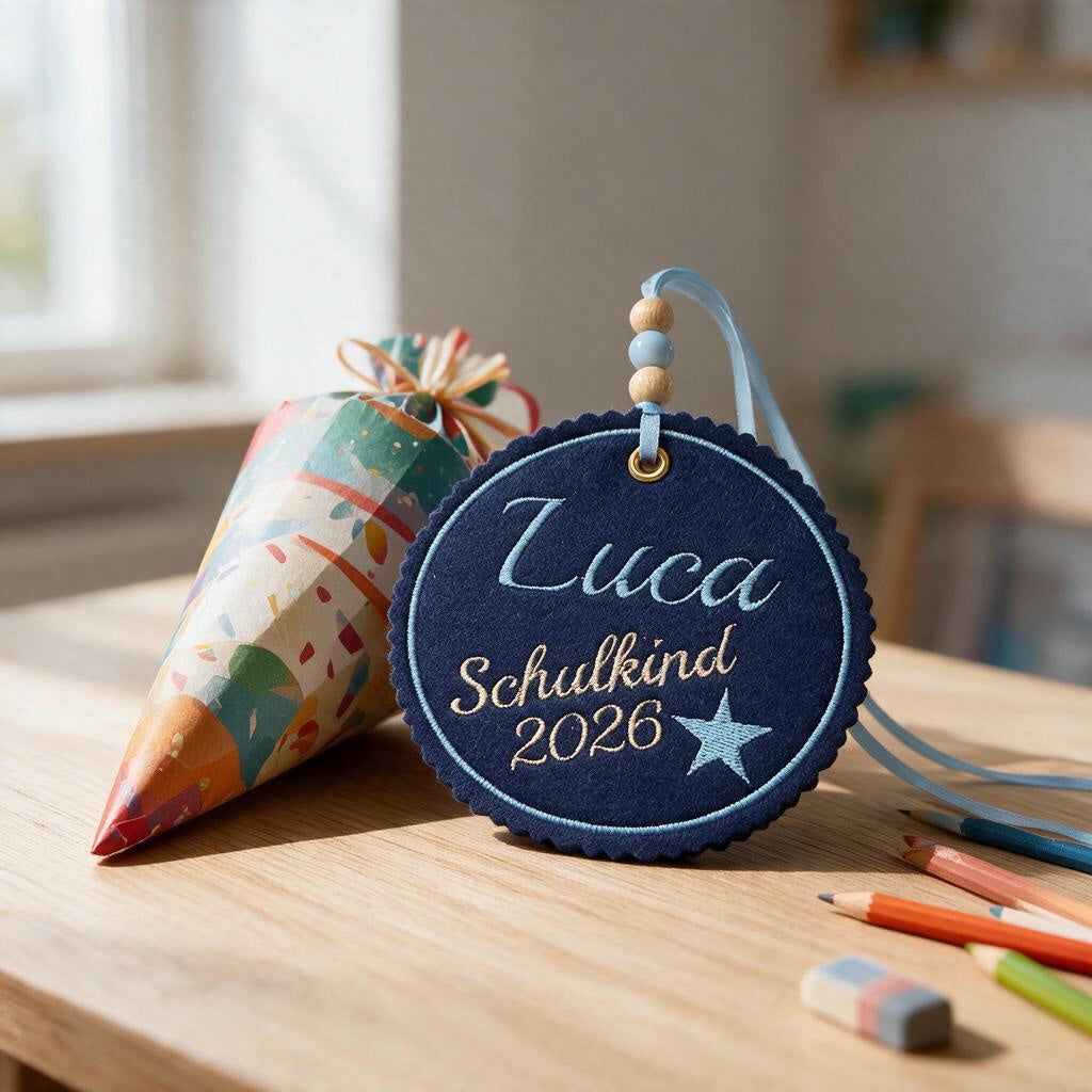 Runder Schultütenanhänger aus dunkelblauem Filz mit Name Luca, Schulkind 2026 und Stern neben einer Schultüte