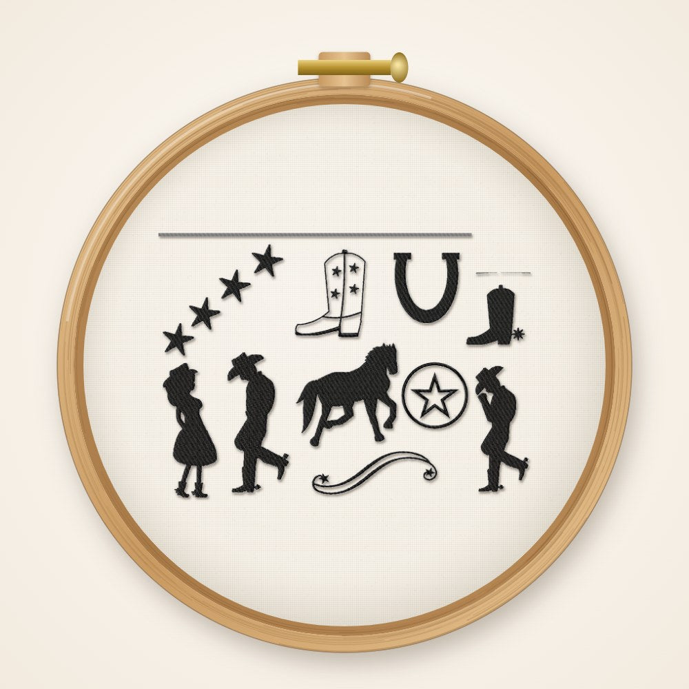 Stickdatei Serie Wild West S84 Pferd Cowboy Hufeisen Cowgirl Scherenschnitt
