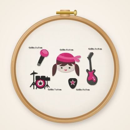 Stickdatei Serie Rockmusic Gitarre Schlagzeug Mikrofon