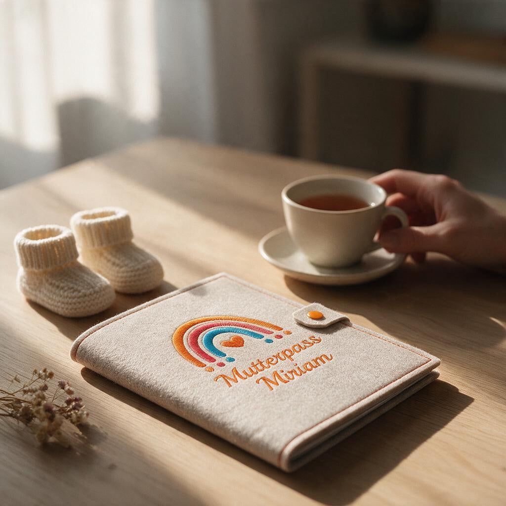 Mutterpasshülle aus beigem Filz mit gesticktem Regenbogen und Schrift Mutterpass Miriam auf Holztisch neben Babyschuhen und Tee