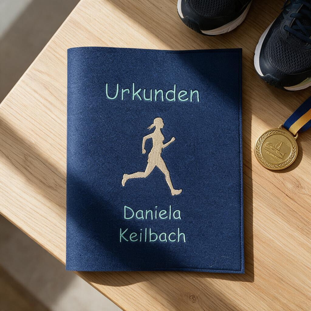 Urkundenmappe aus dunkelblauem Filz mit Läuferin und Namen Daniela Keilbach auf Holztisch neben Medaille und Laufschuhen