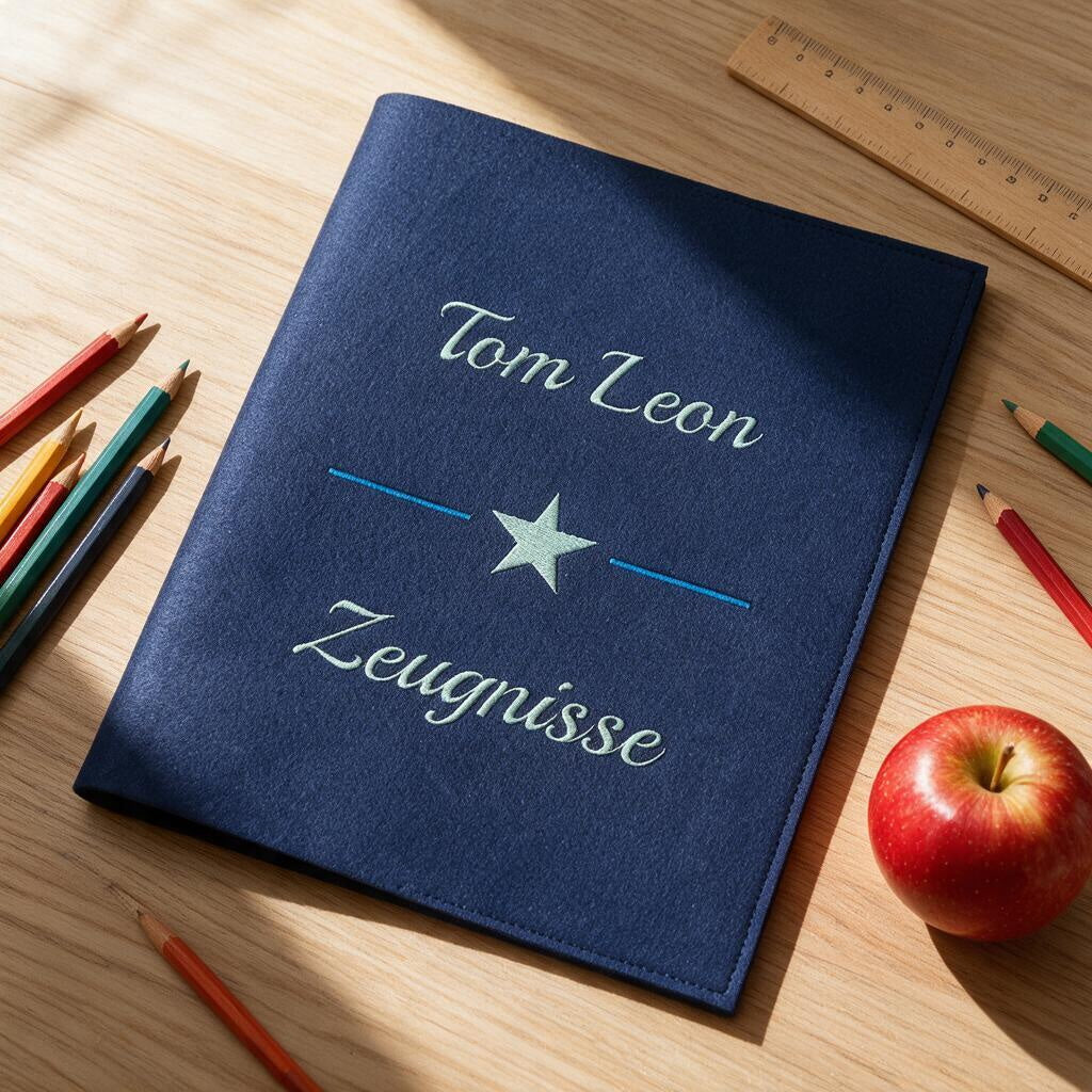 Zeugnismappe aus dunkelblauem Filz mit Stern und Schriftzug Tom Leon Zeugnisse auf Holzschreibtisch neben Buntstiften, Lineal und Apfel