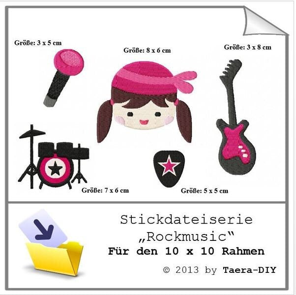 Stickdatei Serie Rockmusic Gitarre Schlagzeug Mikrofon
