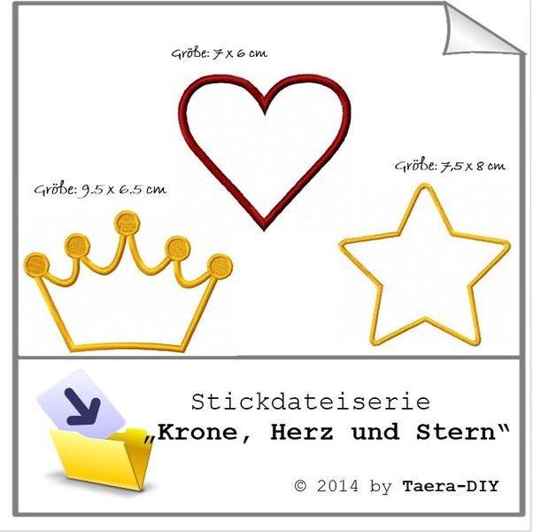 Stickdateiserie Herz, Stern, Krone 10x10 cm Rahmen