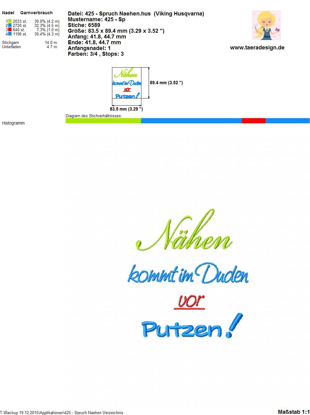 Stickdatei Spruch &quot;Nähen kommt&quot; Nr. 425