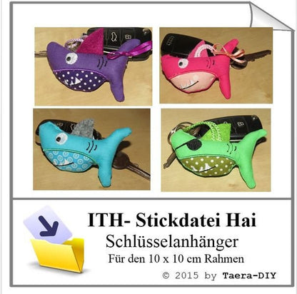 ITH Stickdatei In the Hoop Hai für den 10 x 10 cm Rahmen Schlüsselanhänger