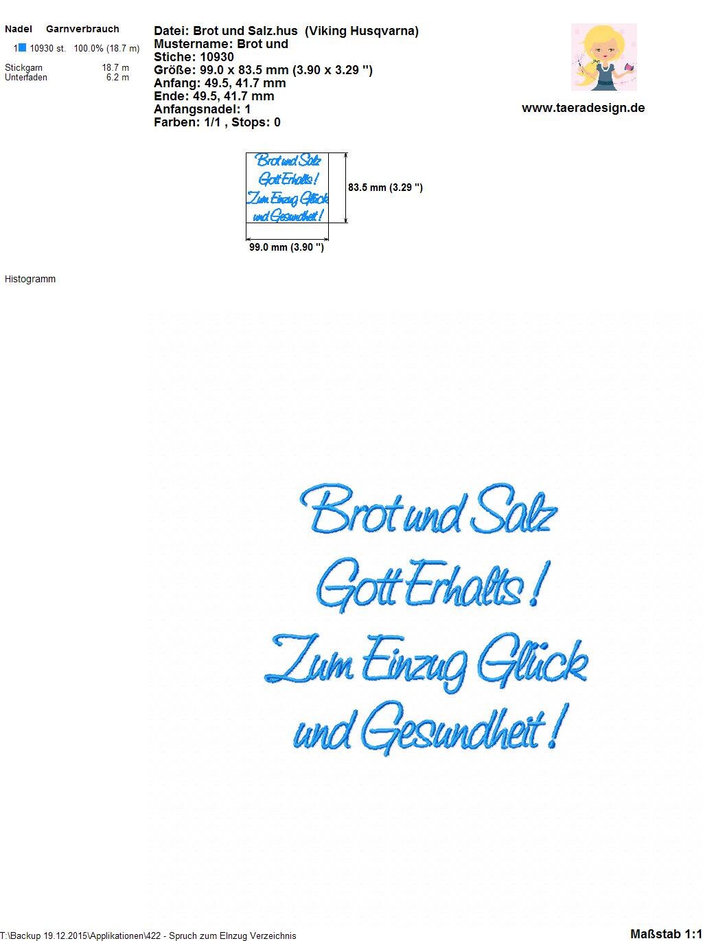 Stickdatei Spruch zum Einzug Nr. 422 Brot und Salz Gott Erhalts!