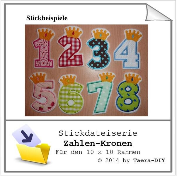 Stickdatei Serie Zahlen mit Kronen Geburtstag Applikation Kindergeburstag
