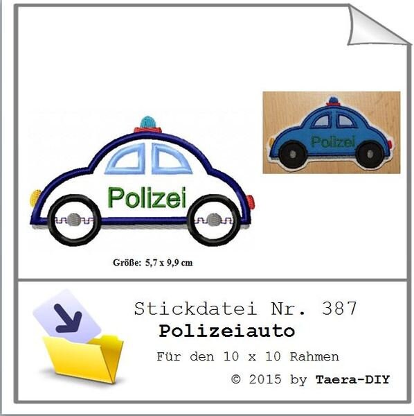 Stickdatei Polizei Auto Nr. 387 Fahrzeug Blaulicht Polizist Stickmuster