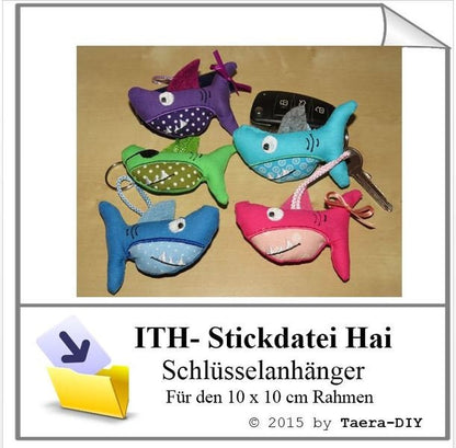 ITH Stickdatei In the Hoop Hai für den 10 x 10 cm Rahmen Schlüsselanhänger
