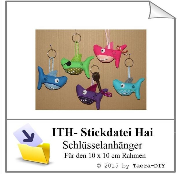 ITH Stickdatei In the Hoop Hai für den 10 x 10 cm Rahmen Schlüsselanhänger