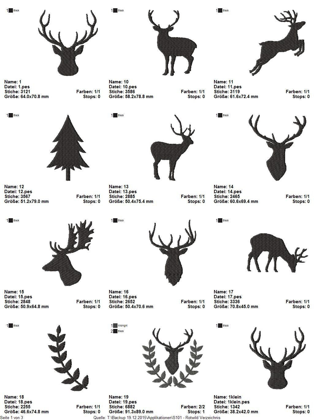 Stickdatei Serie Rotwild Rehe Hirsch S101 Geweih Wald Tiere Rehbock Reh Scherenschnitt