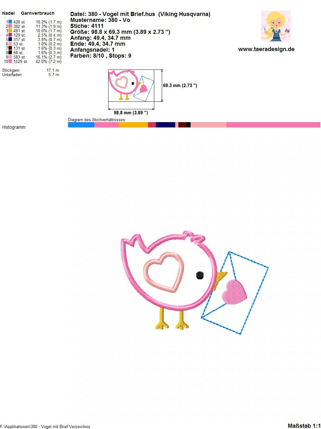 Stickdatei Vogel mit Brief Nr. 380