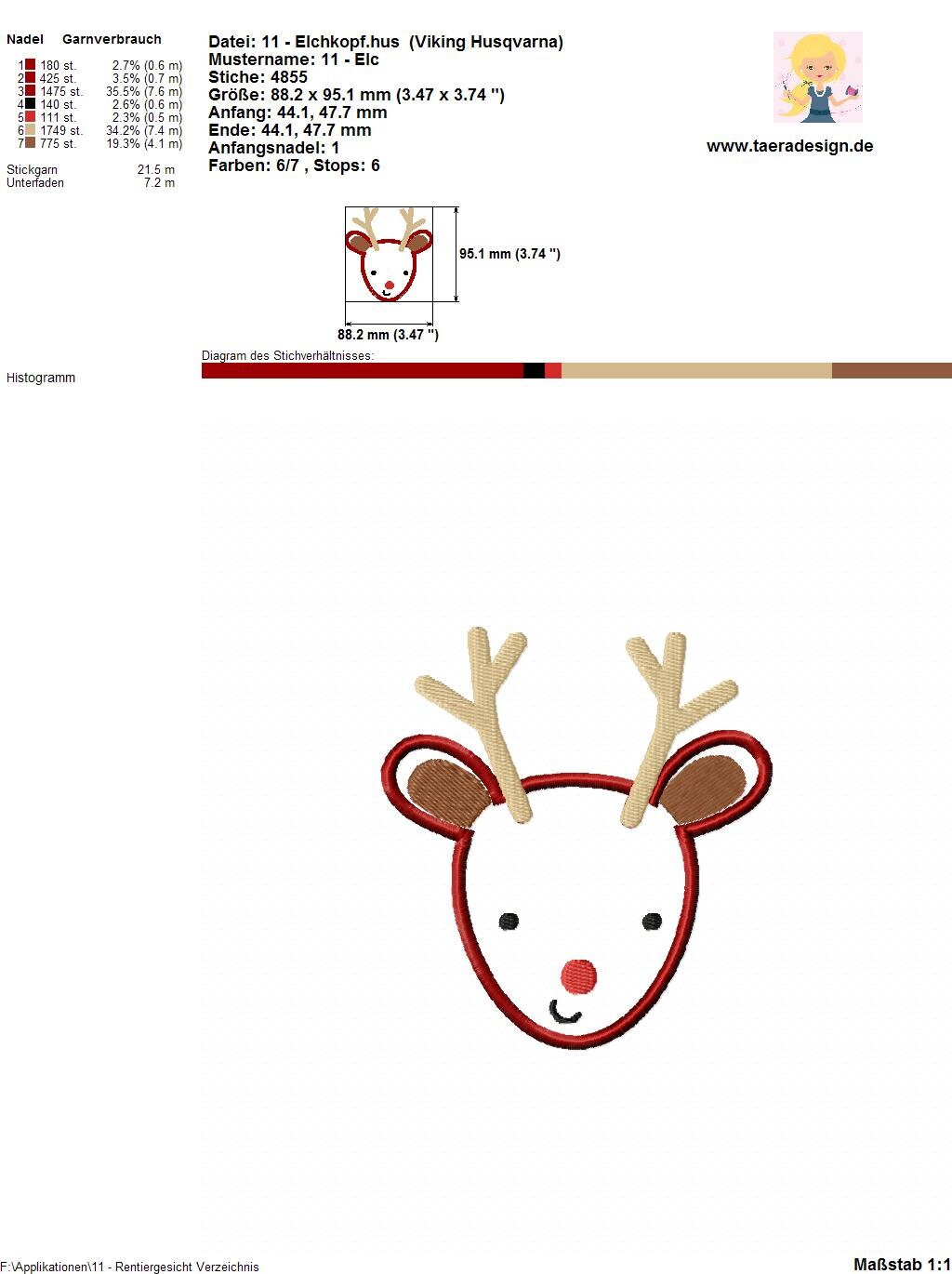 Stickdatei Applikation Rentierkopf Nr. 11