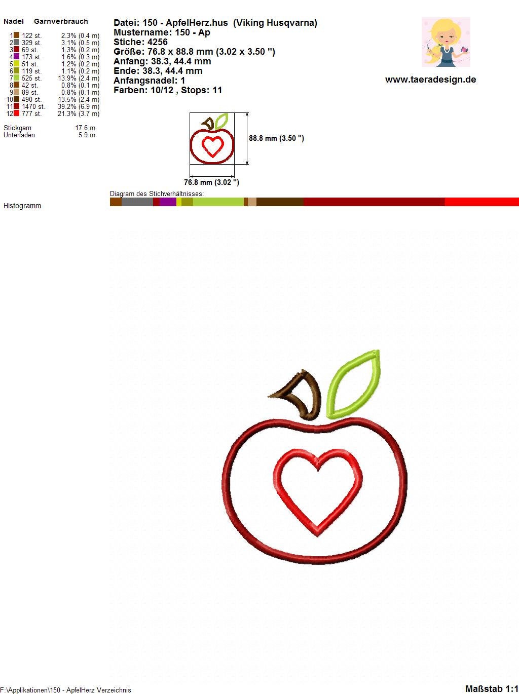 Stickdatei Applikation Apfel-Herz Nr. 150