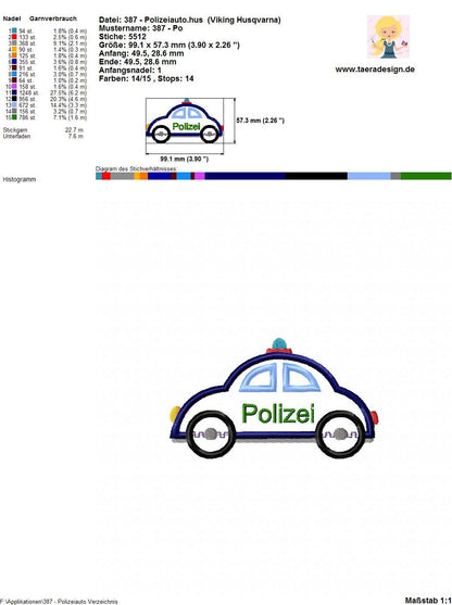 Stickdatei Polizei Auto Nr. 387 Fahrzeug Blaulicht Polizist Stickmuster