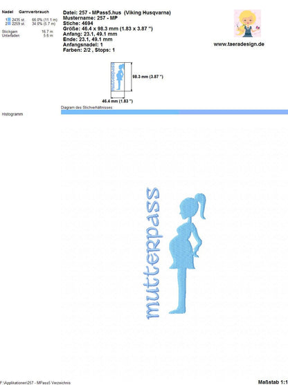 Stickdatei Mutterpass 5 Nr. 257 Schwangere Mutter Baby on Bord Scherenschnitt Mutterpasshülle