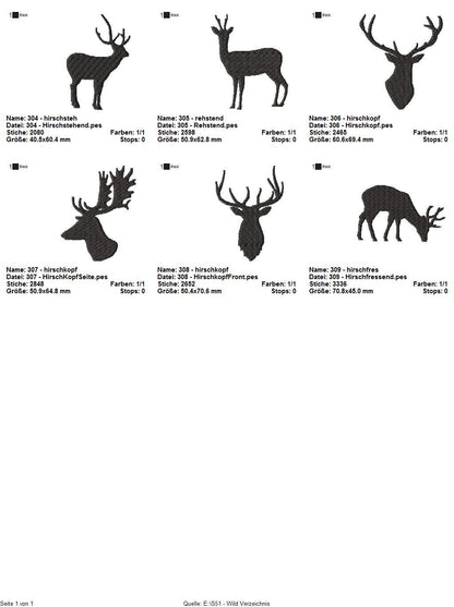 Stickdatei Serie Wild S50 Rehe Rehbock Hirsch Geweih Scherenschnitt