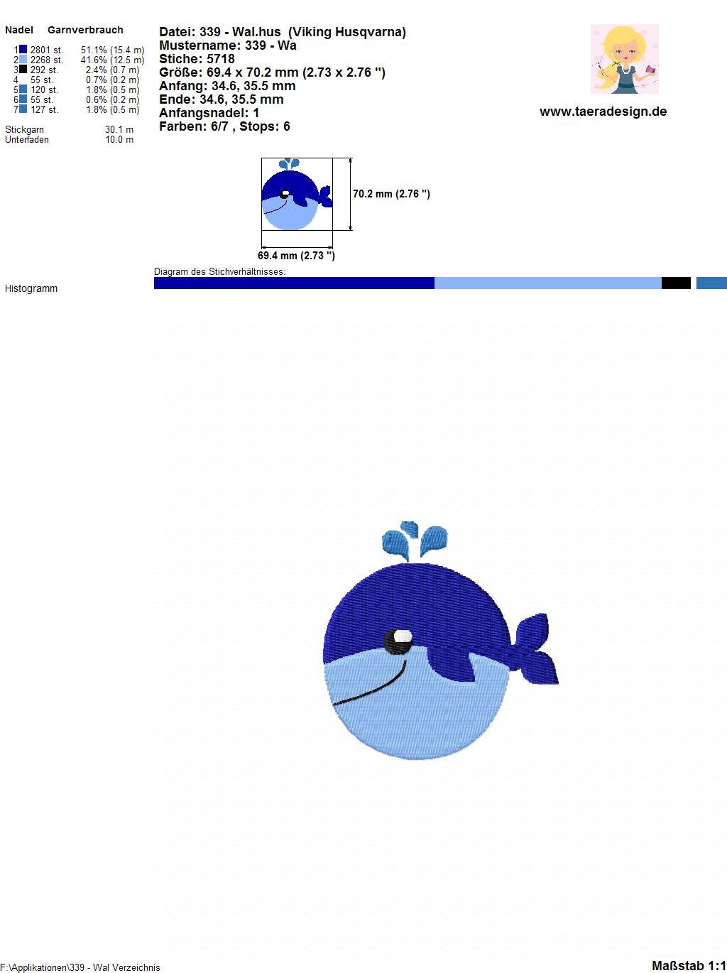 Stickdatei Wal Nr. 339 Fisch Blauwal Tier Meer