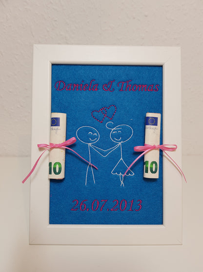 Geldgeschenk im Bilderrahmen Hochzeit -  individuell bestickt inkl. Bilderrahmen 16 x 21 cm - nach Wunsch gestalten