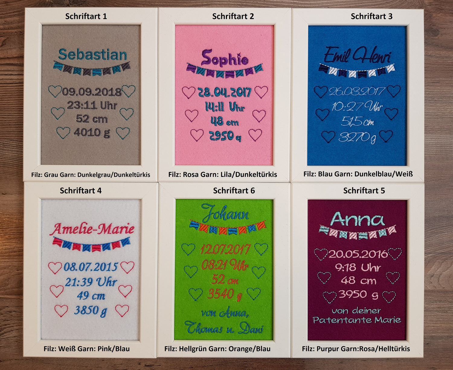 Geschenk zur Geburt Taufe Geburtstag Geburtsdaten individuell bestickt inkl. Bilderrahmen 16 x 21 cm - nach Wunsch gestalten