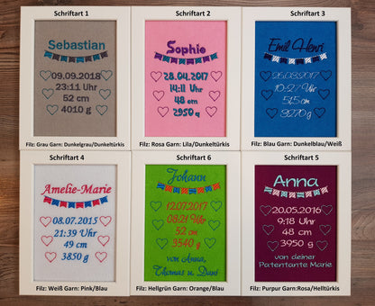Geschenk zur Geburt Taufe Geburtstag Geburtsdaten individuell bestickt inkl. Bilderrahmen 16 x 21 cm - nach Wunsch gestalten