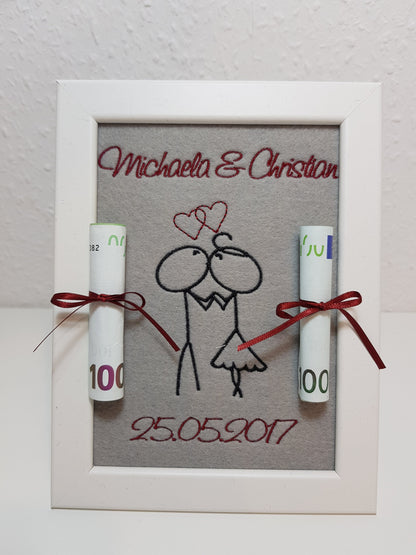 Geldgeschenk im Bilderrahmen Hochzeit -  individuell bestickt inkl. Bilderrahmen 16 x 21 cm - nach Wunsch gestalten