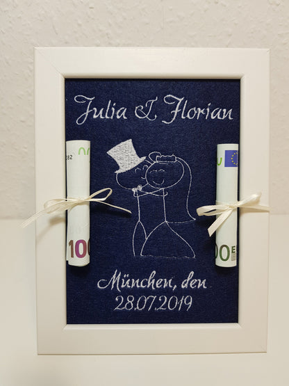 Geldgeschenk im Bilderrahmen Hochzeit -  individuell bestickt inkl. Bilderrahmen 16 x 21 cm - nach Wunsch gestalten
